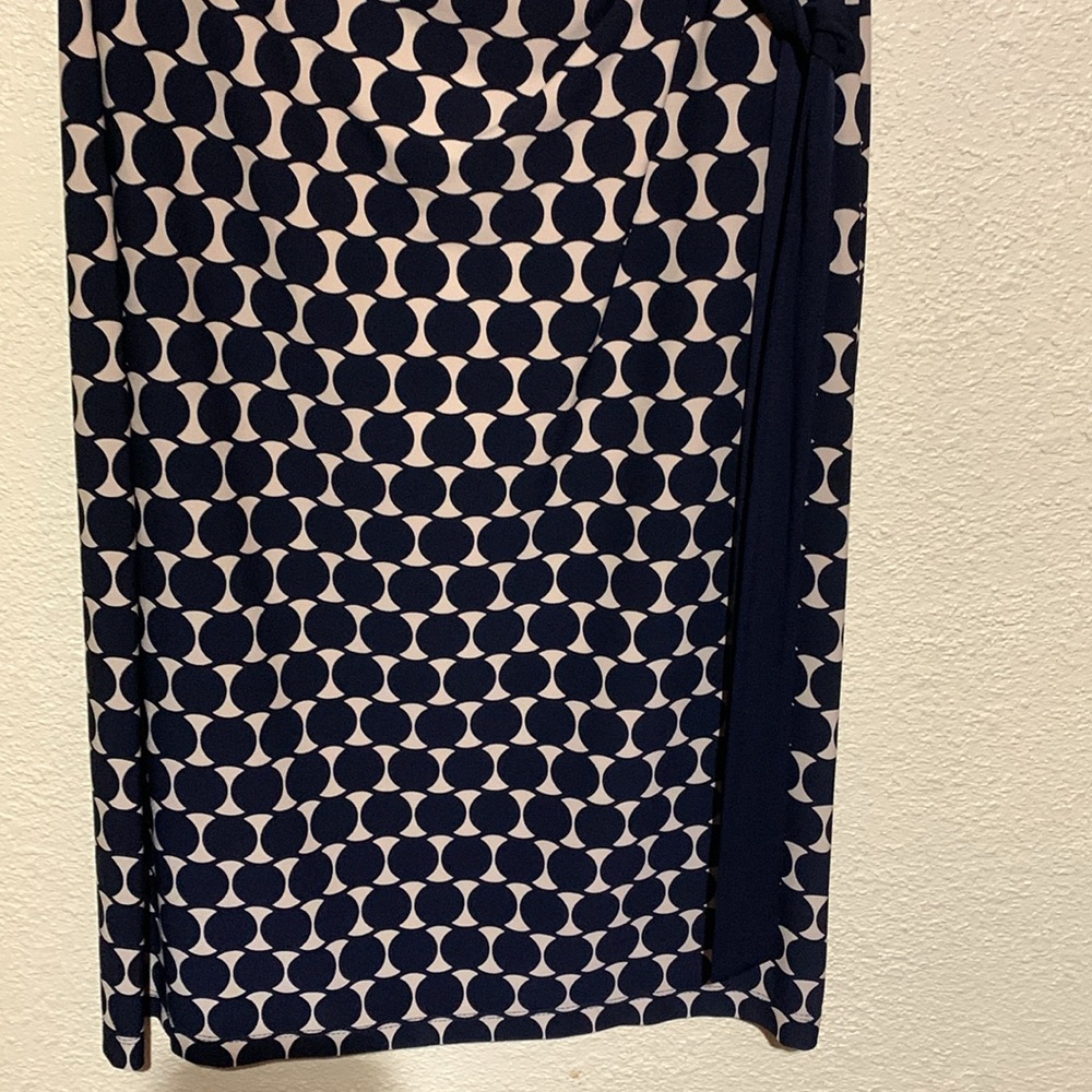 Connected Apparel Dress 8 Stretchy Tan Black Navy Pull Over Ruched Dots - Picture 2 of 16